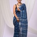 Ajrakh Linen Saree - Blue