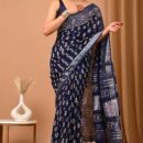 Ajrakh Linen Saree - Blue