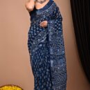 Ajrakh Linen Saree - Blue