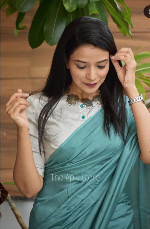 Pure Cotton Mulmul Saree - Teal