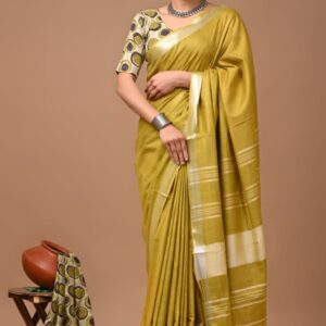 Handloom Cotton Linen Saree - Green