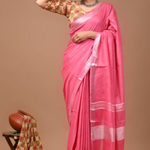 Handloom Cotton Linen Saree - Pink