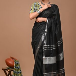 Handloom Cotton Linen Saree - Black