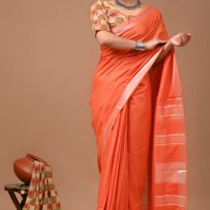 Handloom Cotton Linen Saree - Orange