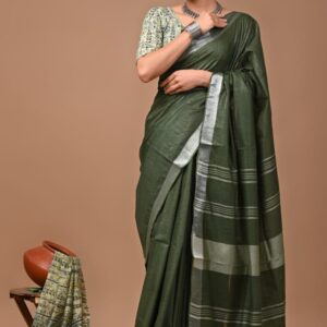 Handloom Cotton Linen Saree - Green