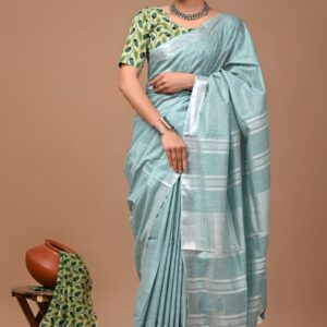 Handloom Cotton Linen Saree - Blue