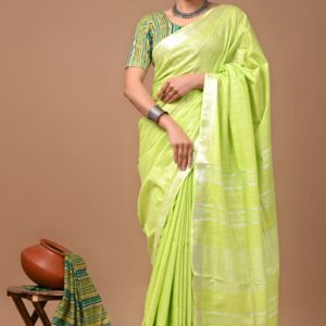 Handloom Cotton Linen Saree - Green