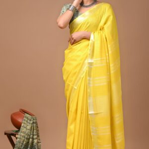 Handloom Cotton Linen Saree - Yellow