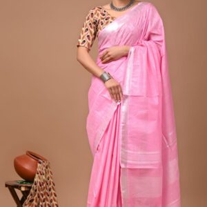 Handloom Cotton Linen Saree - Pink