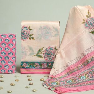 Chanderi Silk Unstitched Dress Material - Cream