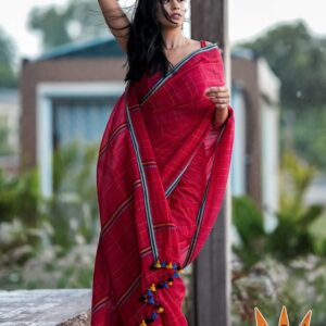 Kantha Stitch Hand Embroidered Jamdani Silk Cotton Saree - Pink