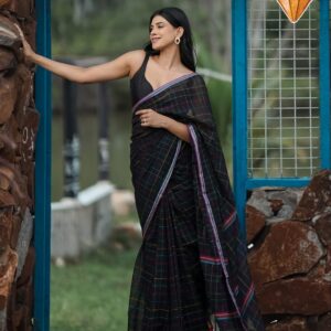 Kantha Stitch Hand Embroidered Jamdani Silk Cotton Saree - Black