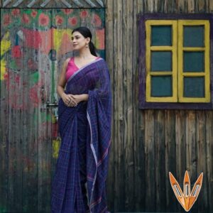 Kantha Stitch Hand Embroidered Jamdani Silk Cotton Saree - Blue