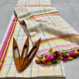 Kantha Stitch Hand Embroidered Jamdani Silk Cotton Saree - Cream