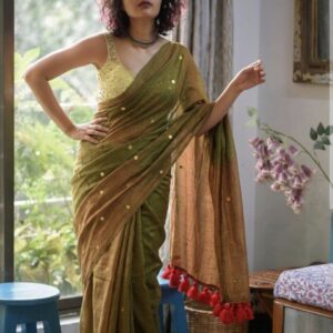 MulMul Cotton Saree - Green
