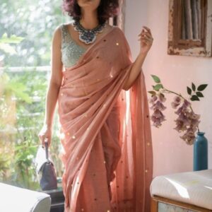 MulMul Cotton Saree - Peach