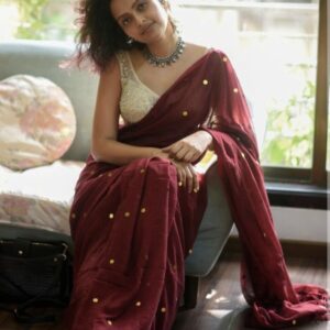MulMul Cotton Saree - Maroon