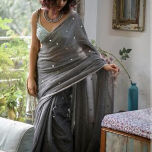 MulMul Cotton Saree - Grey