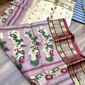 Tant Banarasi Tussar Silk Handloom Saree - Cream