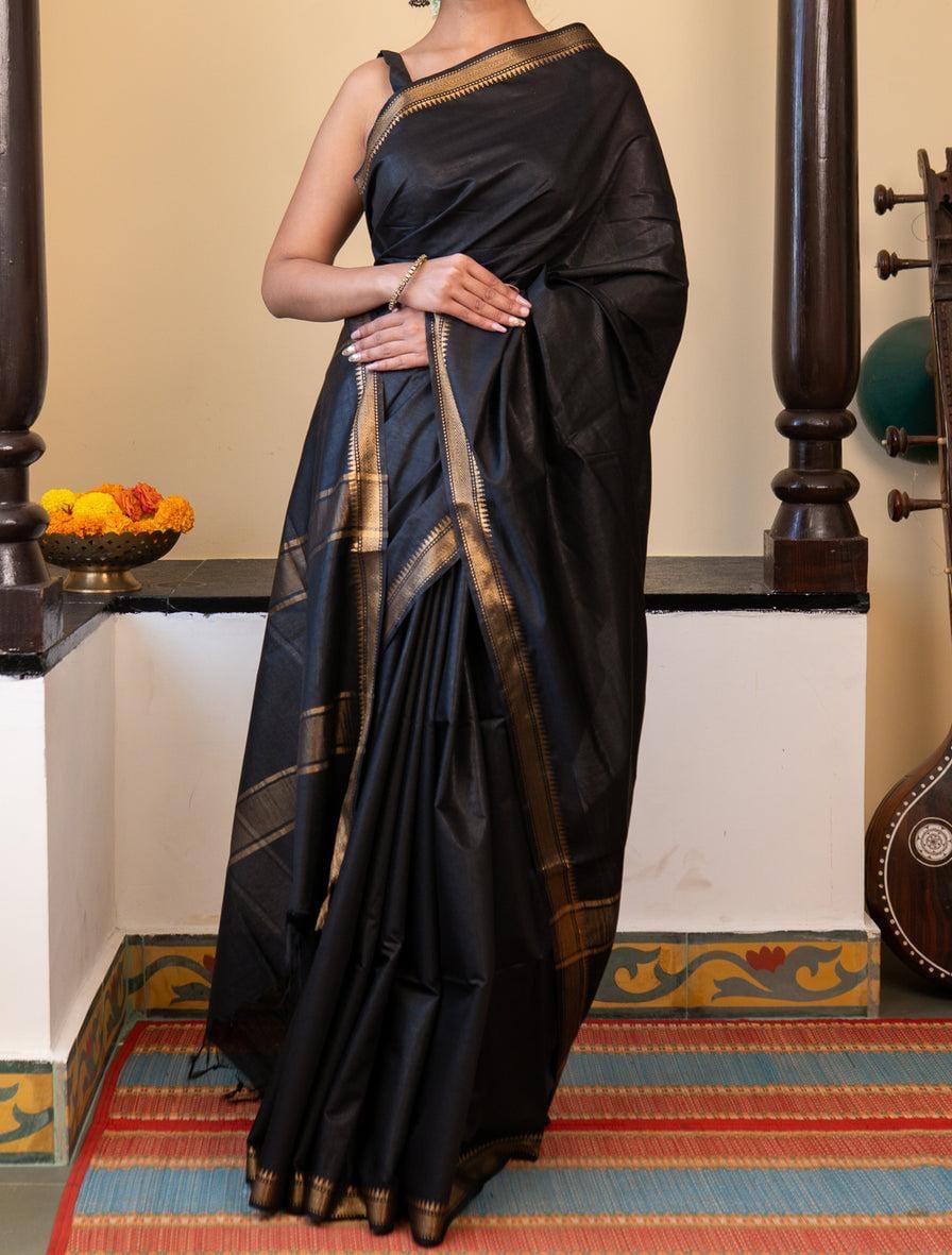 Pure Tussar Silk Saree - Black