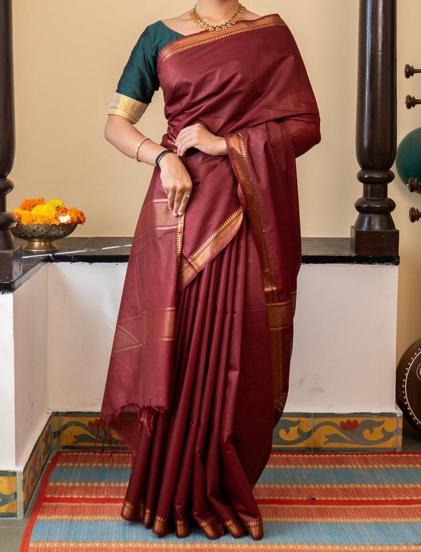 Pure Tussar Silk Saree - Maroon