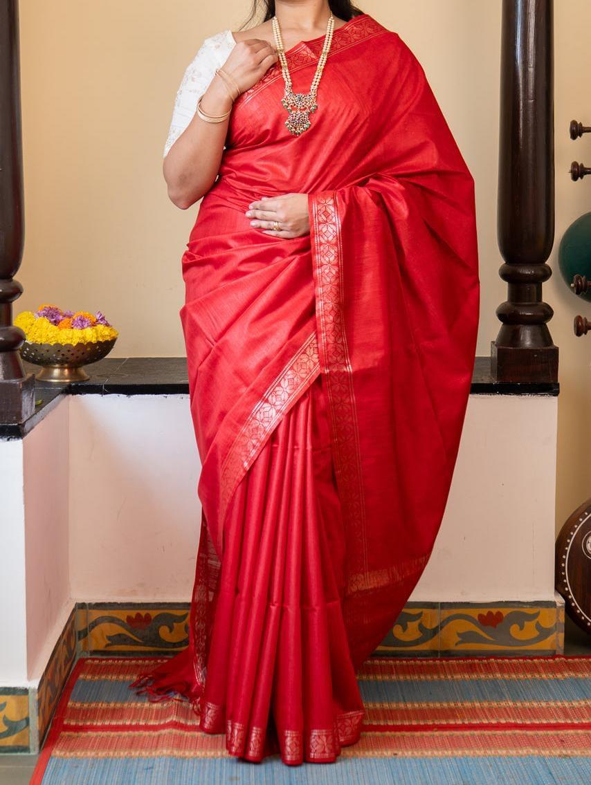 Pure Tussar Silk Saree - Red