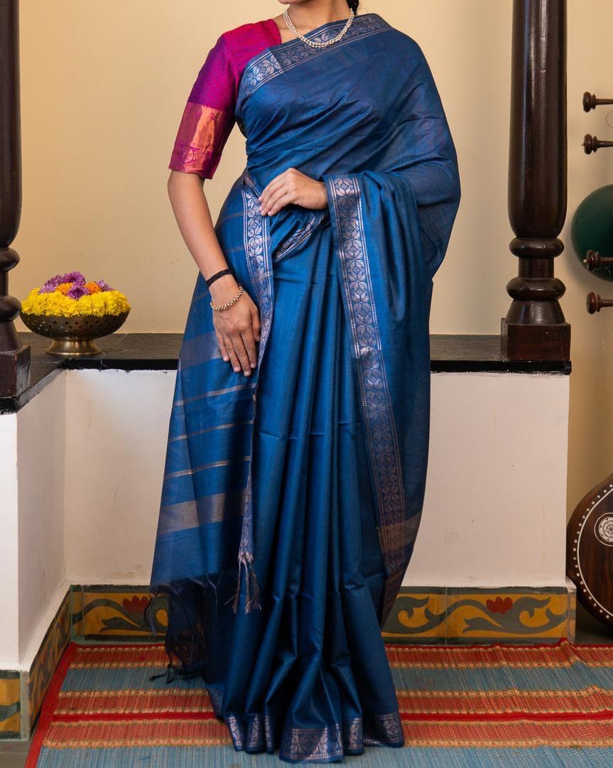 Pure Tussar Silk Saree - Blue
